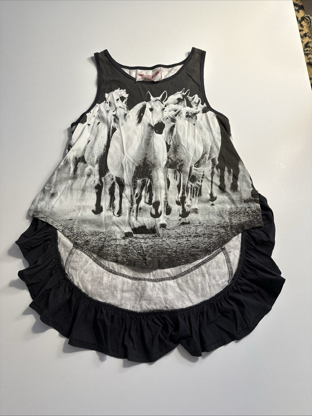 Paper Wings Organic Cotton Girls Size 7 Horse Tank Shirt High Low Ruffles EUC